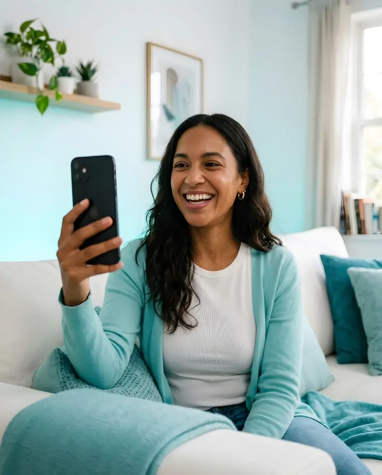 Woman laughing during a video call on Meto from her sofa