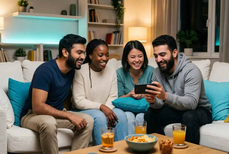 Four friends laughing together around a phone