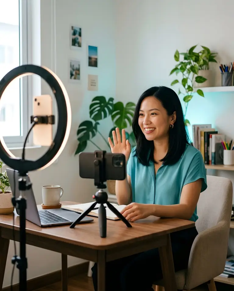Host waving to her audience at the start of a live stream on Meto