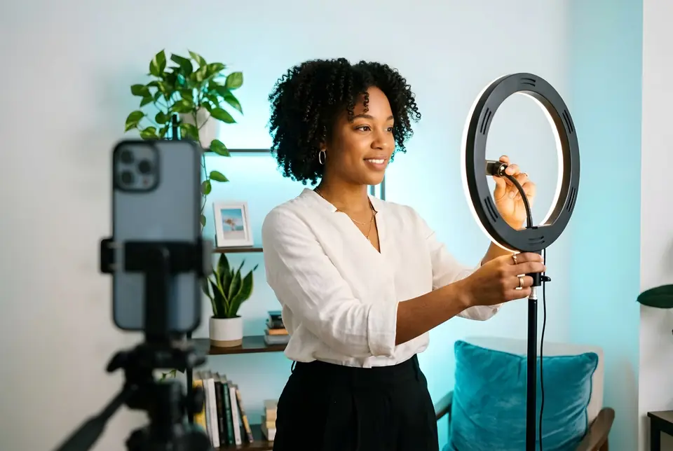 Host adjusting her ring light before going live